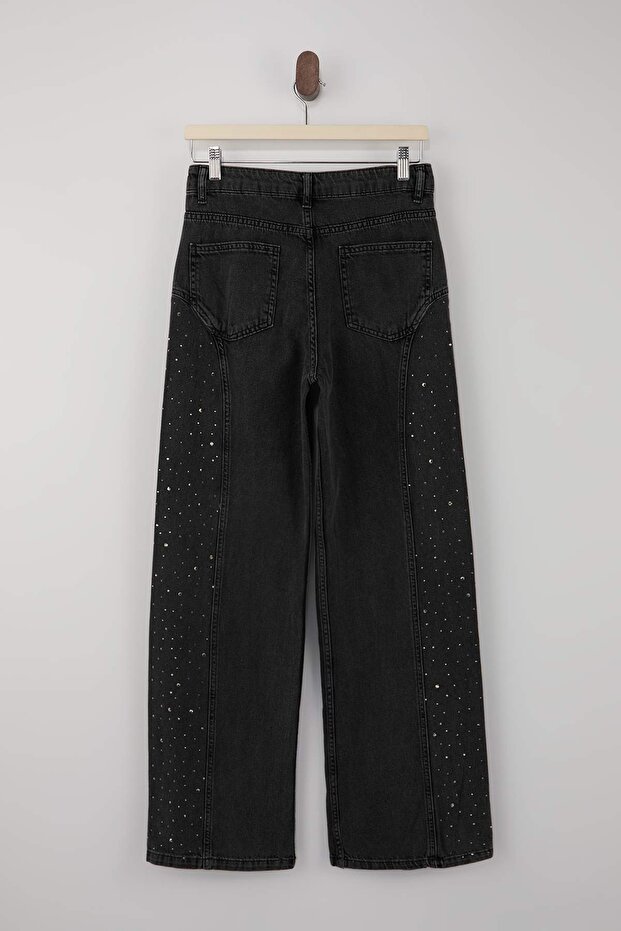 Siyah DÖKÜMLÜ Taşlı Dikiş Detaylı Yüksek Bel %100 Pamuk Wide Leg Jeans TWOSS26JE00079 - 7