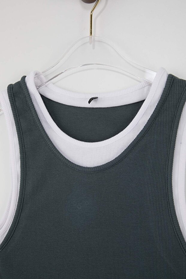 Wardrobe Essentials-Antrasit Çift Katlı Fitted/Vücuda Oturan Kolsuz Esnek Örme Atlet TWOSS26AL00009 - 10