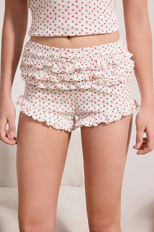 Beyaz %100 Pamuklu Kirazlı Fırfırlı Fitilli/Pointel Örme Pijama Takımı THMSS26PT00038 - 4