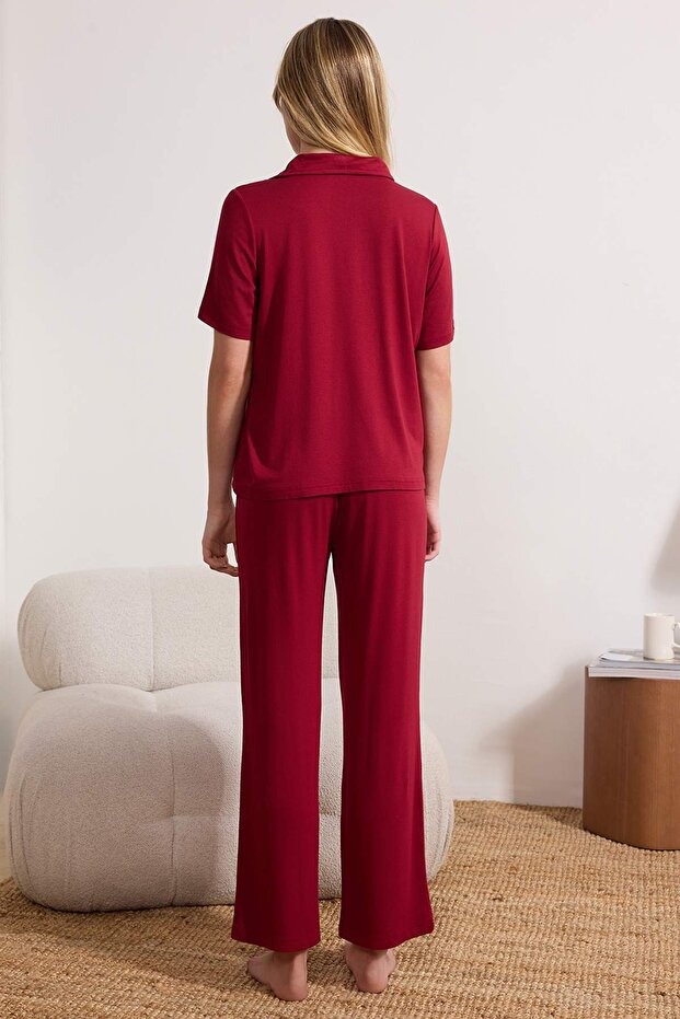 Bordo Kalp Nakışlı Yakalı Viskon Örme Pijama Takımı THMSS26PT00049 - 4