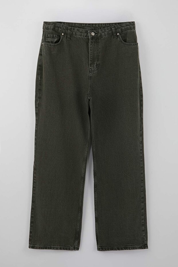 Yeşil Yüksek Bel Straight Fit %100 Pamuk Non-Stretch Büyük Beden Jeans TBBSS22JE0211 - 3