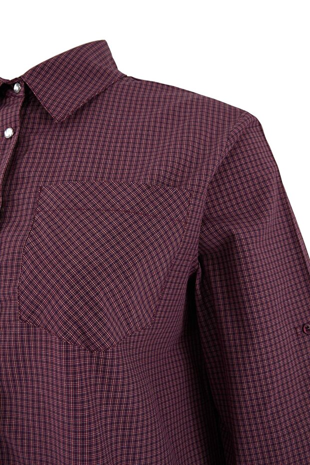 Bordo-Çok Renkli Ekose/Kareli Geniş Manşetli Kolu Katlanabilir Oversize Gömlek TBBSS26AX00011 - 6