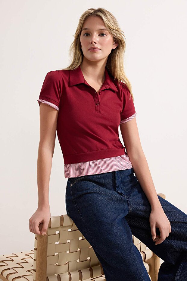 Bordo Regular/Normal Kalıp Polo Yaka Dokuma Detaylı Tok %100 Pamuk Örme Bluz TWOSS26BZ00263 - 1