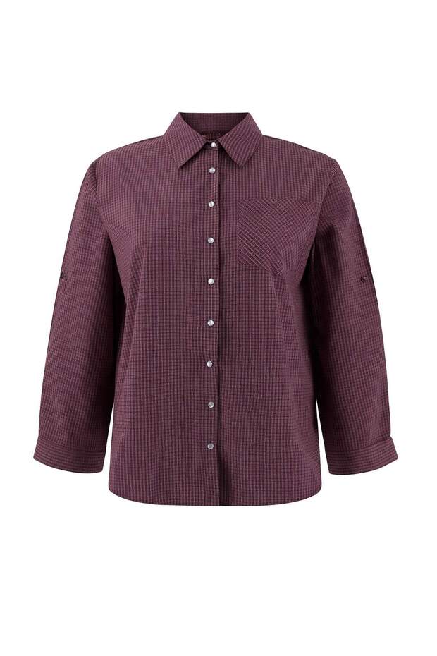 Bordo-Çok Renkli Ekose/Kareli Geniş Manşetli Kolu Katlanabilir Oversize Gömlek TBBSS26AX00011 - 5