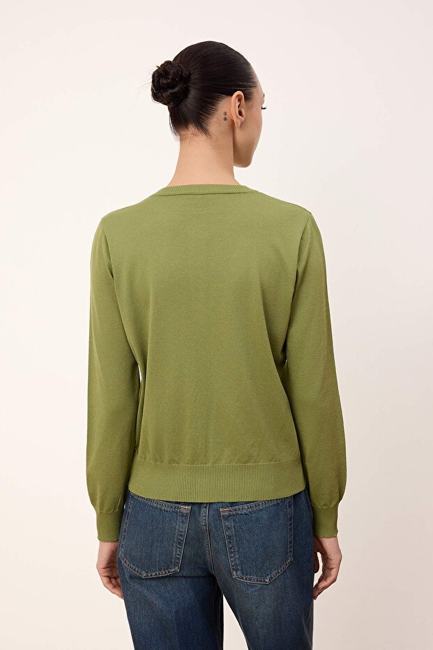 Wardrobe Essentials Yeşil Merserize Görünümlü Bisiklet Yaka Triko Hırka|TWOAW26HI00095 - 4