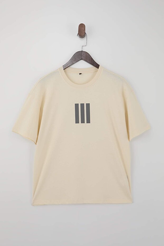 Antrasit-Taş Oversize/Geniş Kesim 2'li Paket Çizgi Baskılı %100 Pamuk T-Shirt TMNSS25TS00210 - 3