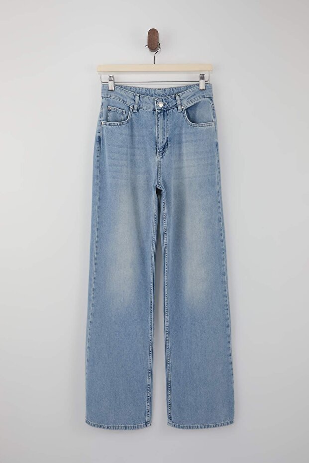 Trendyolmilla Wardrope Essentials Açık Mavi DÖKÜMLÜ Yüksek Bel Wide Leg Jeans TWOSS26JE00128 - 9
