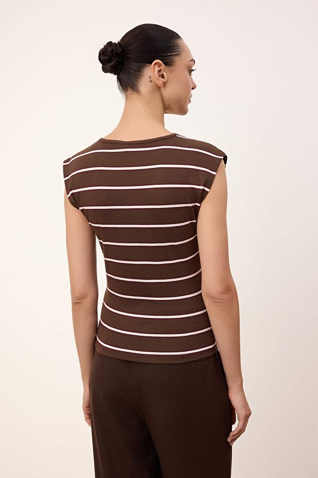 Wardrobe Essentials-Kahverengi Çizgili Fitted/Vücuda Oturan Yumuşak Örme Bluz TWOSS26BZ00108 - 4