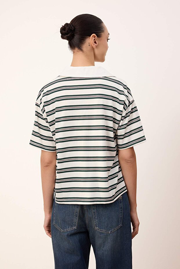 Wardrobe Essentials-Ekru Çizgili Normal Kalıp Kısa Kollu Tok %100 Pamuk Örme T-shirt TWOSS26TS00027 - 4