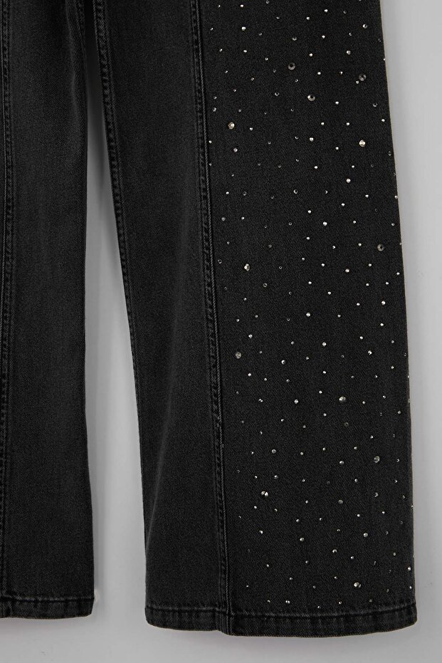 Siyah DÖKÜMLÜ Taşlı Dikiş Detaylı Yüksek Bel %100 Pamuk Wide Leg Jeans TWOSS26JE00079 - 6