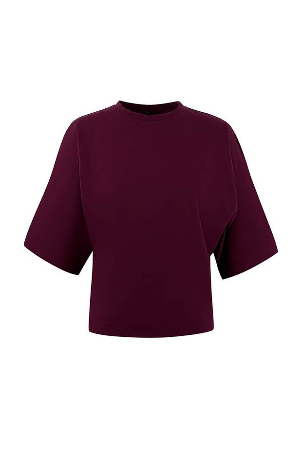 Wardrobe Essentials-Mürdüm Geniş Kalıp Yarasa Kol Pamuk Örme T-Shirt TWOSS26TS00047 - 6