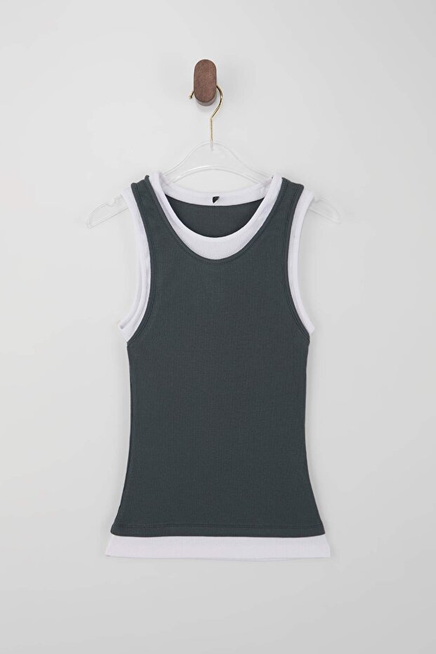 Wardrobe Essentials-Antrasit Çift Katlı Fitted/Vücuda Oturan Kolsuz Esnek Örme Atlet TWOSS26AL00009 - 9