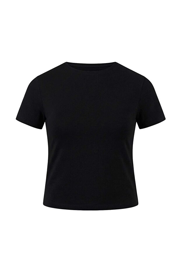 Siyah Esnek Fitted Basic Bisiklet Yaka Kısa Boy Büyük Beden T-shirt TBBSS26BF00006 - 4