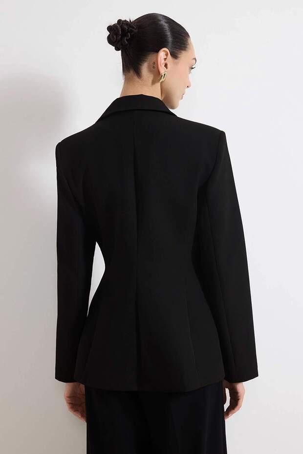 Siyah Kruvaze Kapama Astarlı Fitted Dokuma Blazer Ceket TWOSS26BC00022 - 5