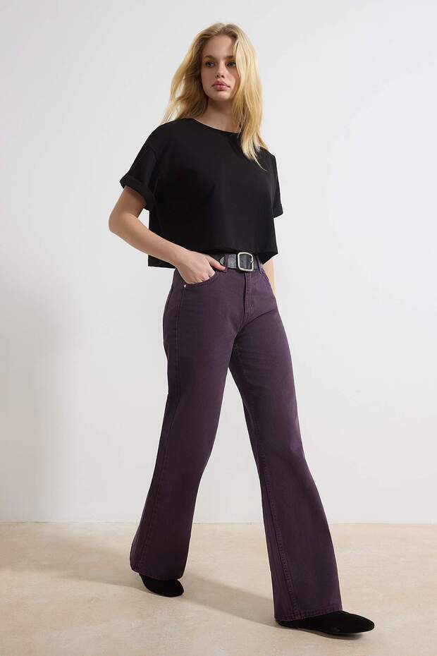 Mor Yıkama Efektli Yüksek Bel %100 Pamuk Uzun Boy Wide Leg Jeans TWOSS26JE00047 - 2