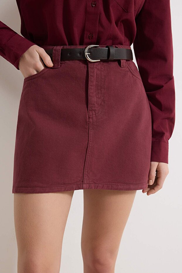 Bordo Kemer Detaylı Mini %100 Pamuk Denim Etek TWOSS26ET00005 - 5