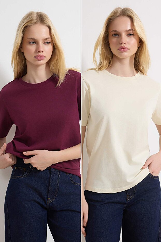 Trendyolmilla  Mürdüm-Taş %100 Pamuk Bisiklet Yaka 2'li Paket Örme T-Shirt TWOSS20TS0141 - Görsel 2