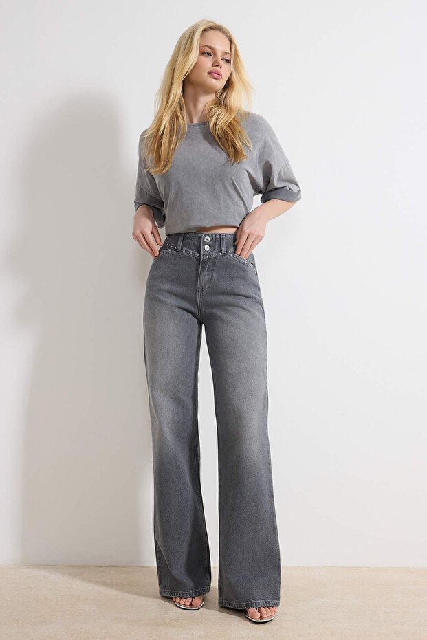 Gri Trok Detaylı Normal Bel %100 Pamuk Wide Leg Jeans TWOSS26JE00051 - 1