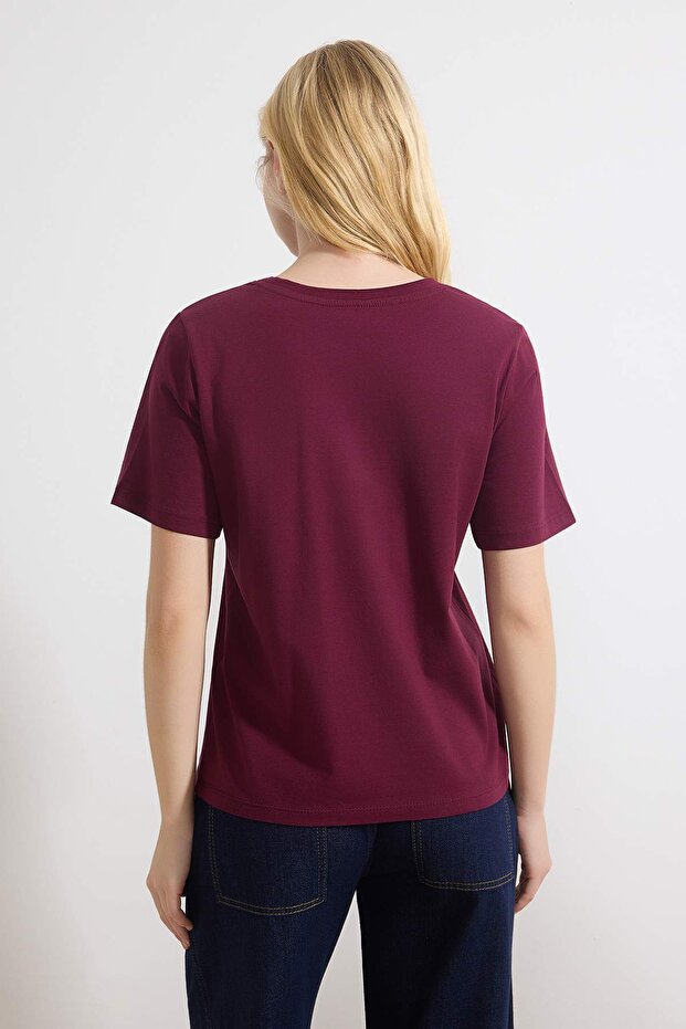 Mürdüm-Taş %100 Pamuk Bisiklet Yaka 2'li Paket Örme T-Shirt TWOSS20TS0141 - 5