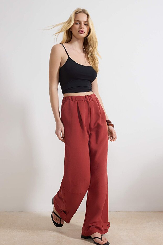 Kiremit Tensel Yumuşak Tuşeli Beli Lastikli Wide Leg/Geniş Paça Pantolon TWOSS26PL00055 - 2