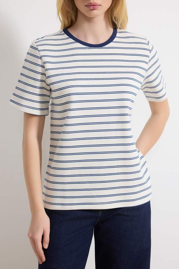 Lacivert Çizgili Regular/Normal Kalıp Kısa Kollu Tok İnterlok Örme T-Shirt TWOSS26TS00067 - 5