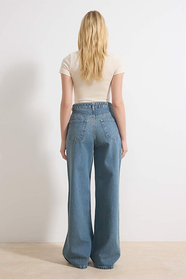 Mavi Kemerli Yüksek Bel Geniş Paça Wide Leg %100 Pamuk Jeans TWOSS26JE00085 - 4