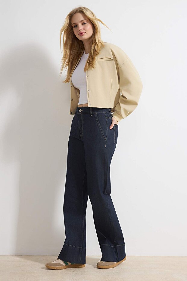 Koyu Mavi Cep Detaylı Yüksek Bel Ekstra Esnek Wide Leg Jeans TWOSS26JE00019 - 2