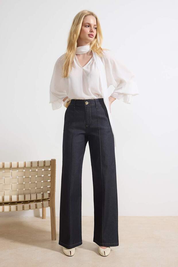 Koyu Mavi Dikiş Detaylı Yüksek Bel Ekstra Esnek Wide Leg Jeans TWOSS26JE00053 - 1