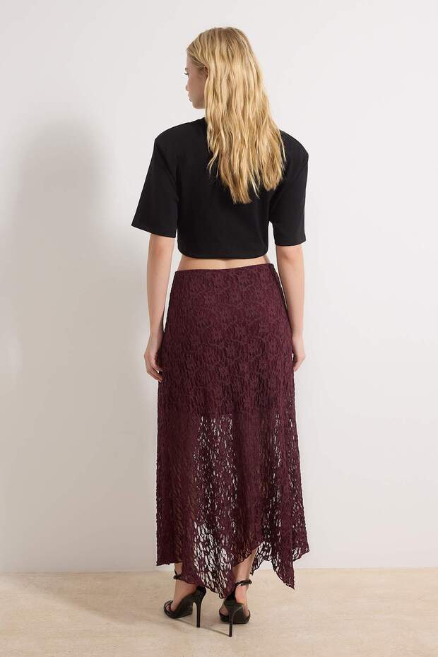 Mürdüm Çiçekli A-Kesim/Çan Form Beli Lastikli Normal Bel Maxi Dantel Örme Etek TWOSS26ET00048 - 5