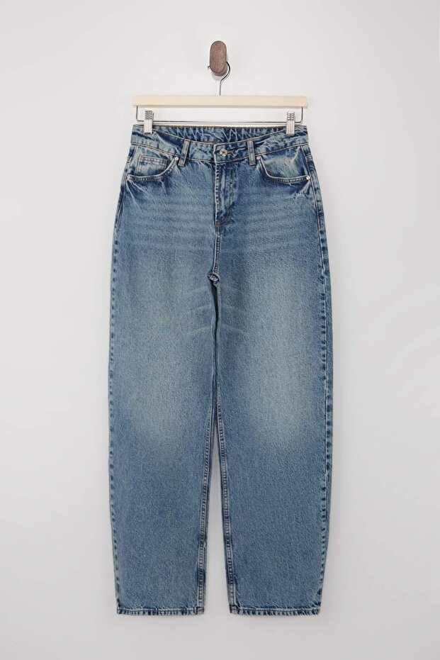 Premium Mavi Özel Kumaş Yüksek Bel 100% Pamuk Barrel Jeans TWOSS26JE00141 - 5