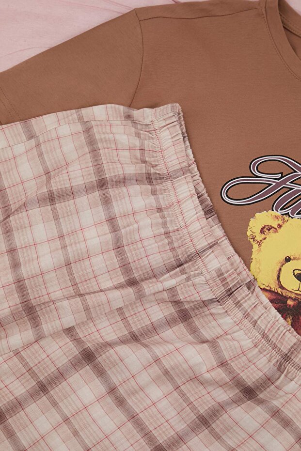 Kahverengi Ayıcık Baskılı Ekose Örme Büyük Beden Pijama Takımı TBBSS26AI00006 - 6
