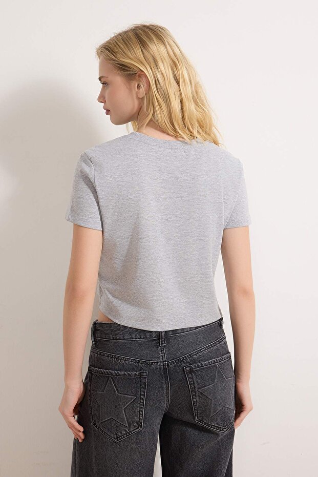Gri Melanj-Siyah 2'li Paket %100 Pamuk Crop Bisiklet Yaka Örme T-Shirt TWOSS20TS1480 - 4