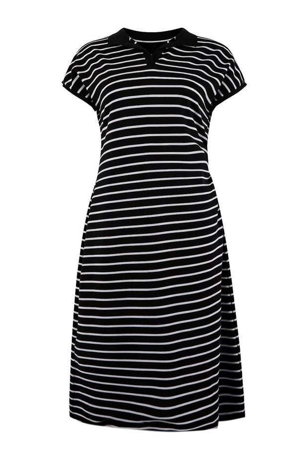 Siyah Çizgili Polo Yaka A-Line Midi Örme Büyük Beden Elbise TBBSS26AH00088 - 3