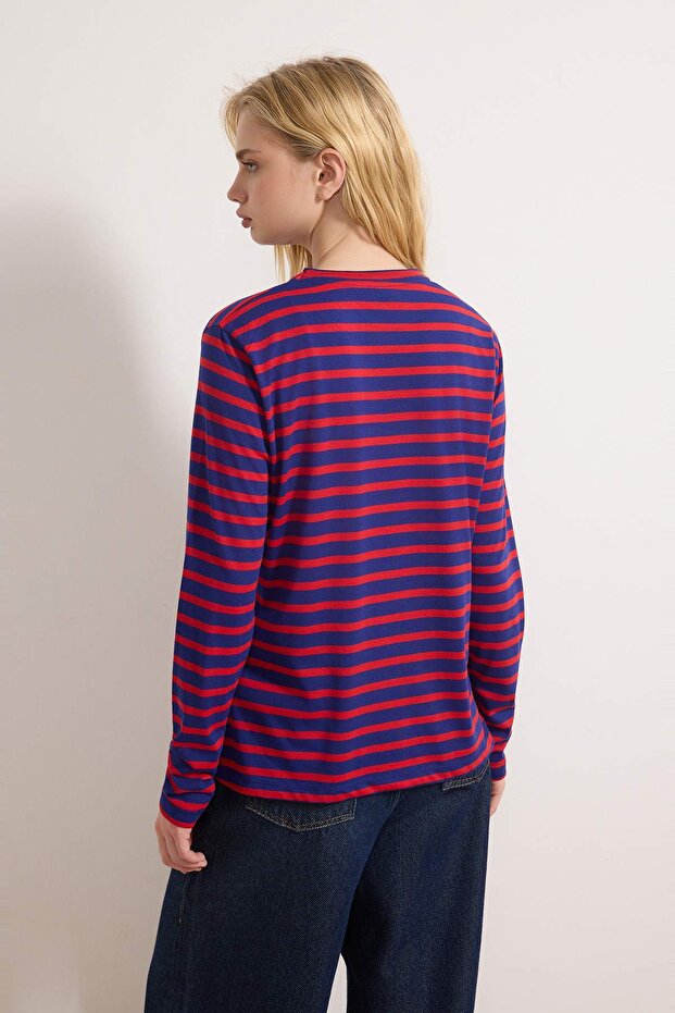 Kırmızı-Lacivert Çizgili Regular/Normal Kalıp Basic Bisiklet Yaka Örme T-Shirt TWOAW23TS00002 - 4