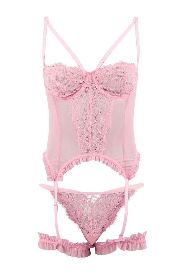 Pembe Tül/Dantel Kapsız Jartiyer İç Çamaşırı Takımı THMSS26CC00001 - 2