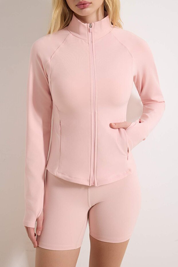 Pembe Fırçalı Soft Kumaş Baş Parmak Delikli Örme Spor Ceket THMAW26SK00012 - 3