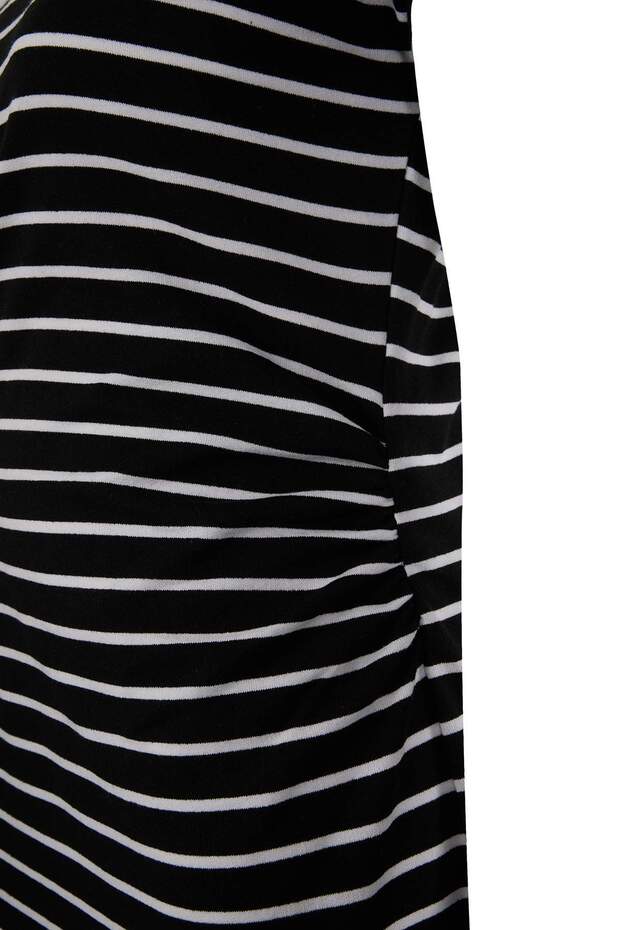 Siyah Çizgili Polo Yaka A-Line Midi Örme Büyük Beden Elbise TBBSS26AH00088 - 4