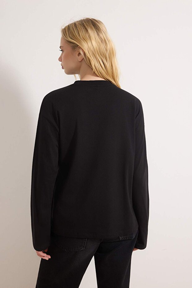 Siyah %100 Kalın Pamuklu Basic Bisiklet Yaka Oversize/Geniş Kalıp Örme T-Shirt TWOAW24TS00013 - 4