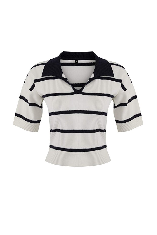 Lacivert Premium İplik Polo Yaka Çizgili Triko Bluz TWOSS26BZ00121 - 5