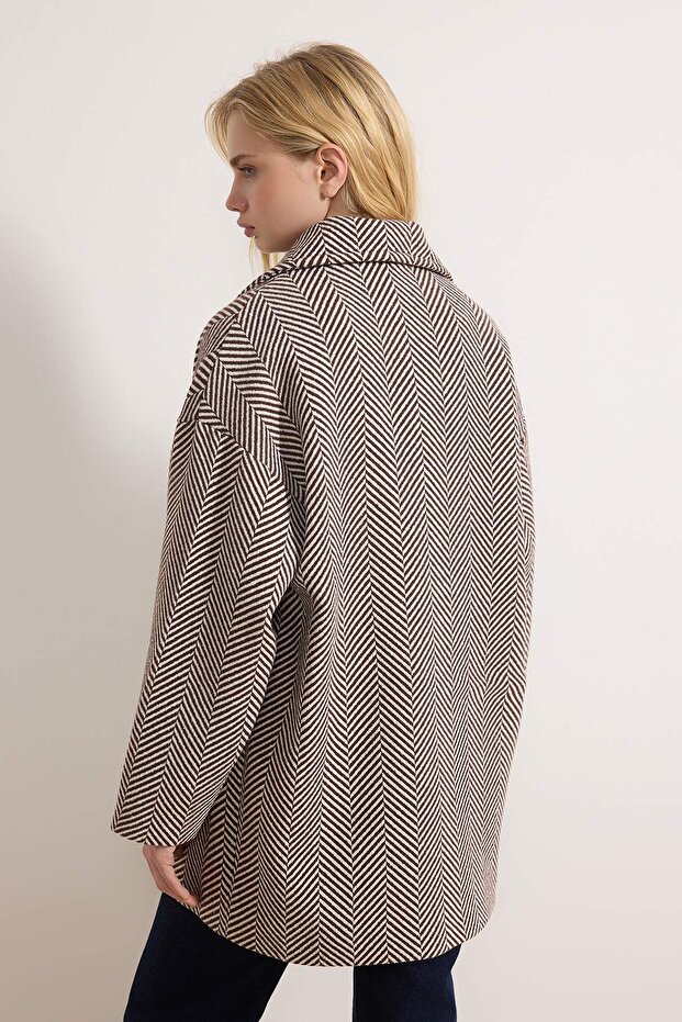Vizon Oversize Diagonel Mono Kapama Midi Kaşe Kaban TWOAW26KB00075 - 4