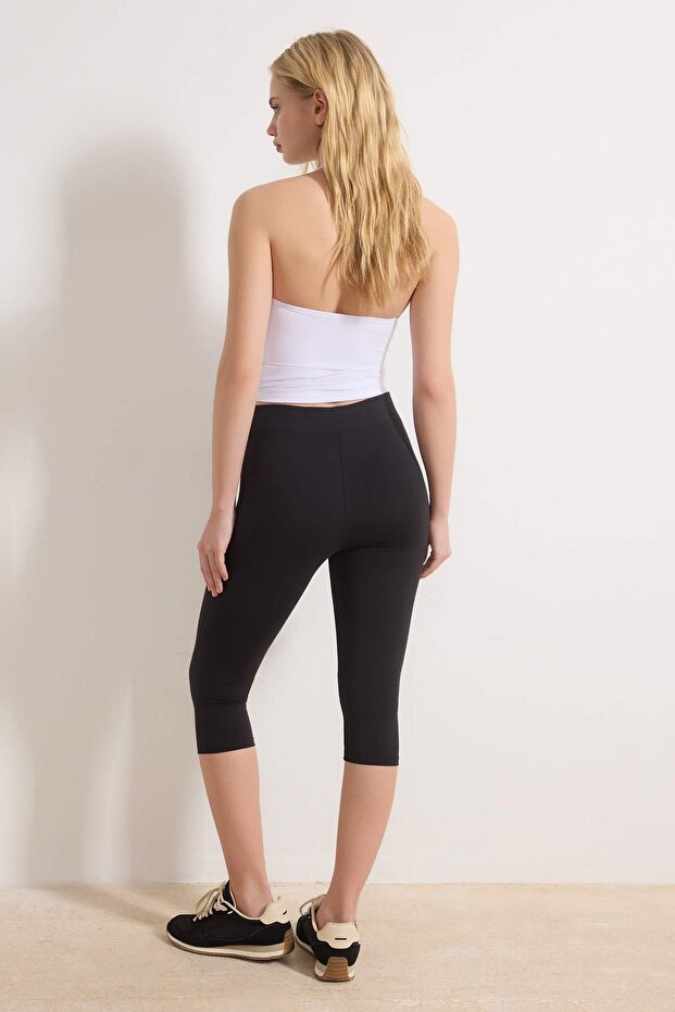 Siyah Kapri Boy Fırçalı Soft Kumaş Kruvaze Bel Örme Spor Tayt THMSS26TY00004 - 6