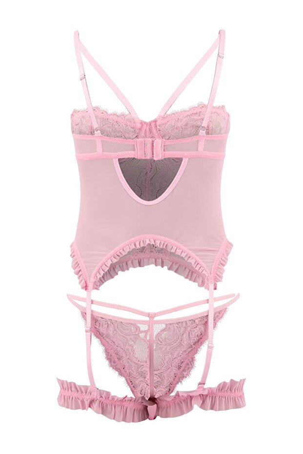 Pembe Tül/Dantel Kapsız Jartiyer İç Çamaşırı Takımı THMSS26CC00001 - 3