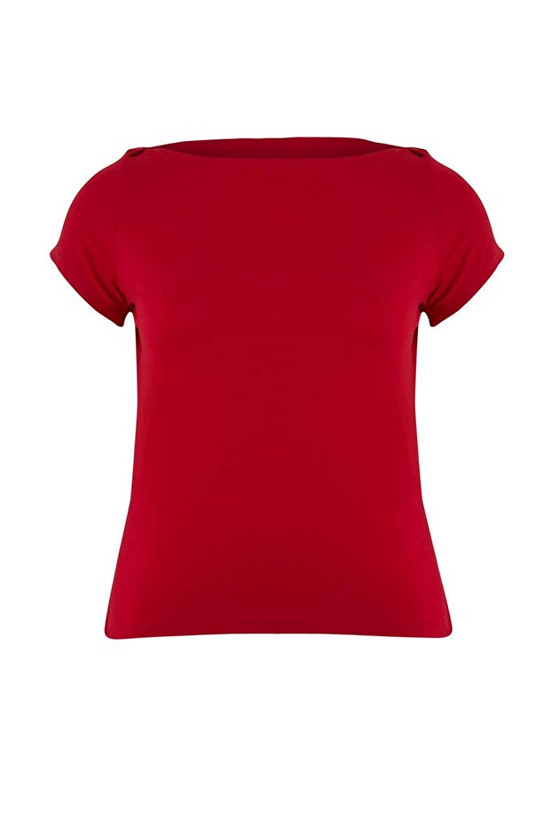Kırmızı Esnek Kayık Yaka Fitted Örme Büyük Beden Bluz TBBSS26AF00087 - 4