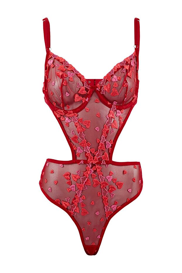 Kırmızı Tül Regular Kalp Kapsız Body THMSS26BD00020 - 2