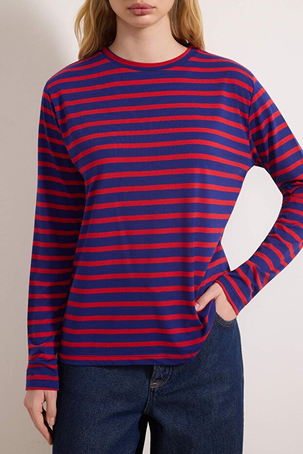 Kırmızı-Lacivert Çizgili Regular/Normal Kalıp Basic Bisiklet Yaka Örme T-Shirt TWOAW23TS00002 - 3