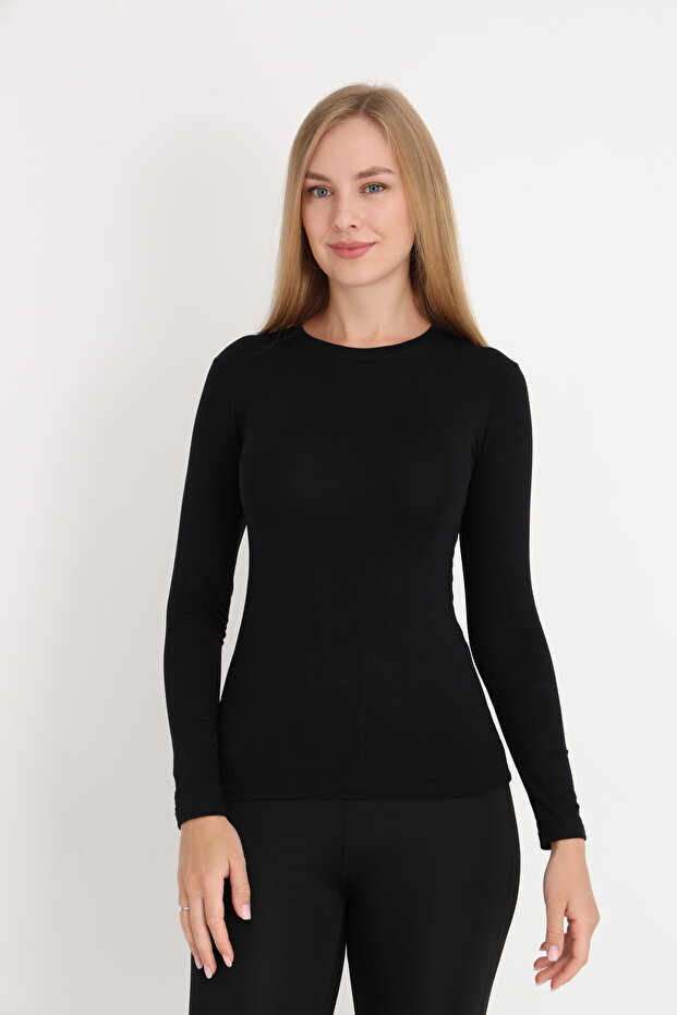 Women's Black Long Sleeve Crew Neck Basic Body Slim Fit Lycra Flexible Viscose Daily Blouse