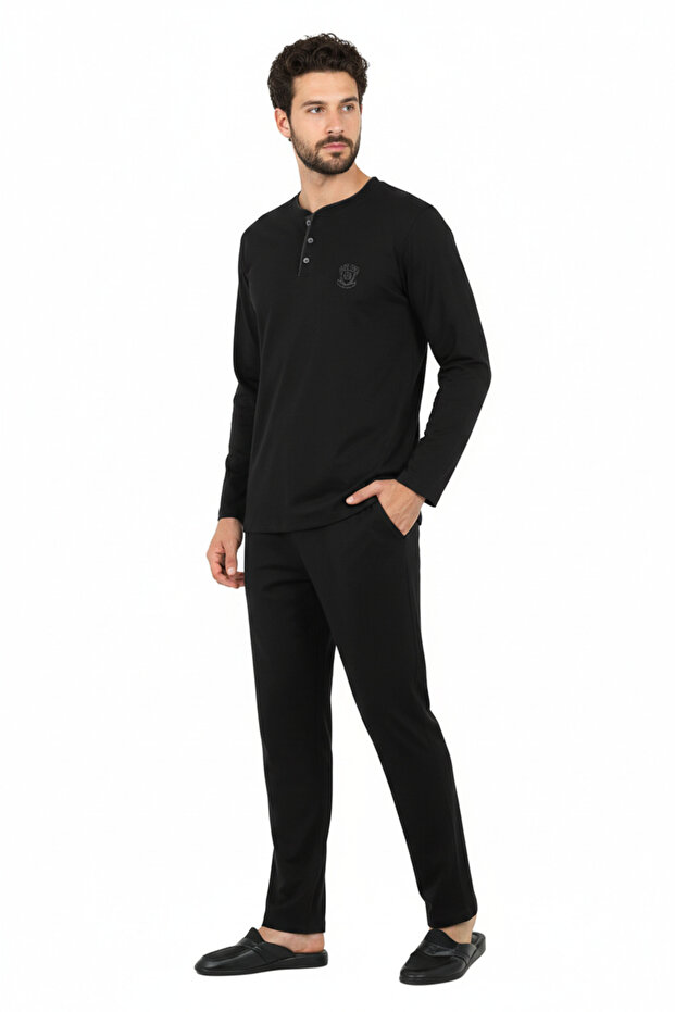D'S Damat D'S Regular Fit Cotton Düğmeli Yaka Pijama Takımı %100 Saf Pamuk Kumaş SİYAH