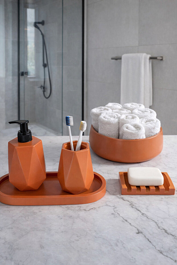 Decorative 5 Piece Geometric Bathroom Set Liquid Soap Dispenser Solid Soap Holder Toothbrush Holder Tray and Towel Holder