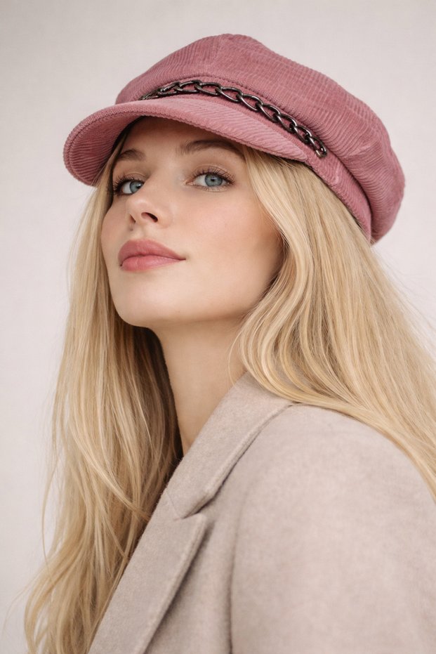 Women's Cap Hat with Chain Detail Pink - Velvet Brimmed Captain Style
