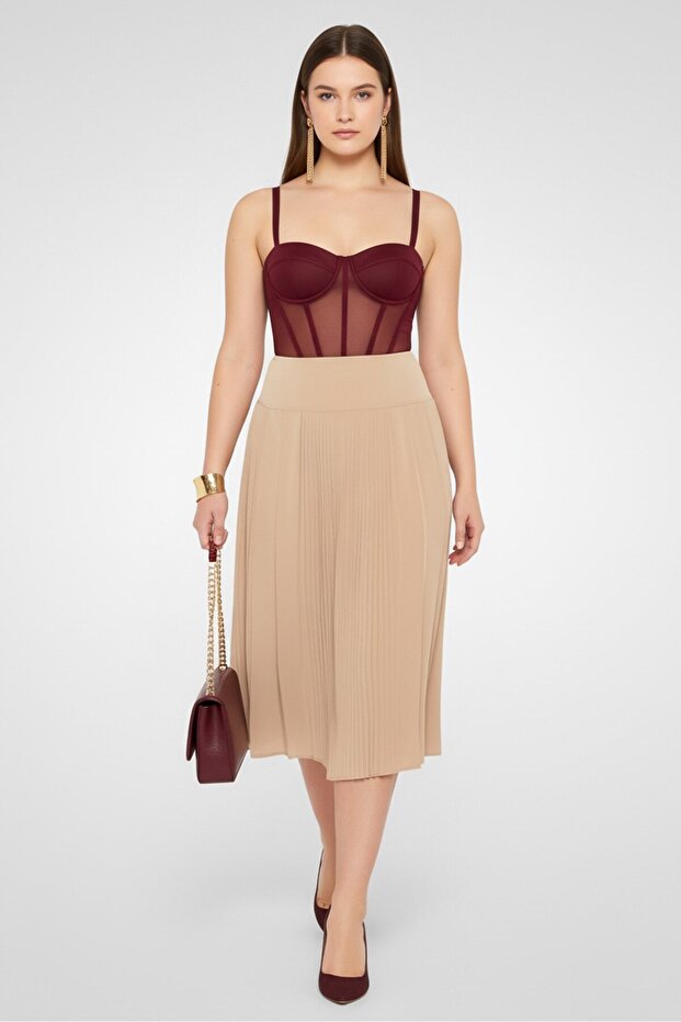 Women Plain Pleated Skirt, Beige